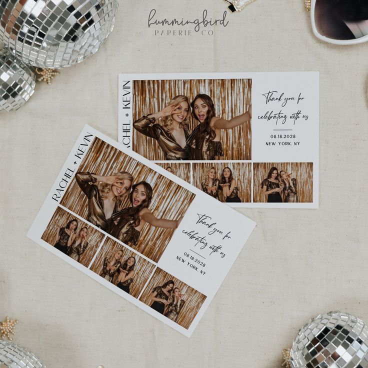 two photo booth cards sitting on top of a table with disco balls and confetti