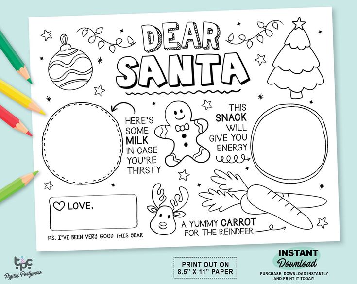 the printable christmas coloring page is shown with pencils and paper on top of it