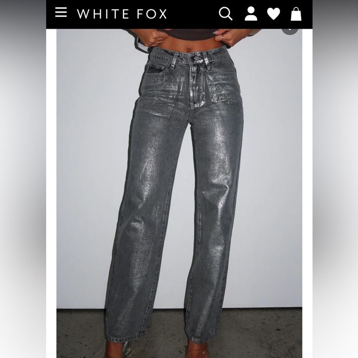 Size Small Fits Like A Size 25, Metallic Silvery Jeans. Super Cute Just Too Big On Me And Couldn’t Return. Never Been Worn/Tags Still On. Chic Gray Denim Jeans, Chic Gray Jeans For Spring, Low Rise Straight Jeans, Metallic Denim, Metallic Jeans, New Years Outfit, White Fox Boutique, White Fox, Colored Jeans