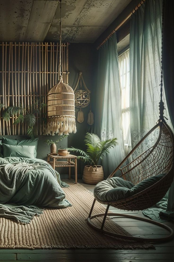 a bedroom with green bedding and wicker furniture