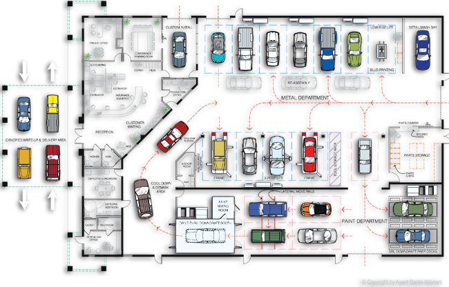 the floor plan for an office with several cars