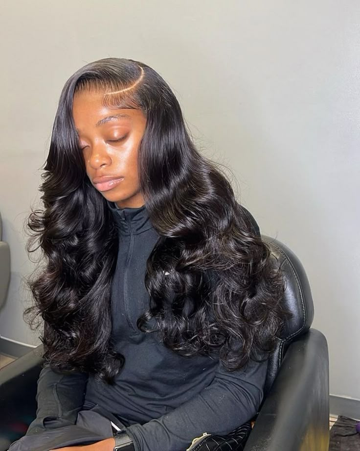 Beachwave Curls Black Women, Prom Hairstyles Sew In, Side Part Buss Down With Curls, Wig Braid Down, Back To School Hairstyles Wigs, Curl Wigs For Black Women, 34 Inch Wig, Black Girls Hairstyles Wigs, Frontal Sew In