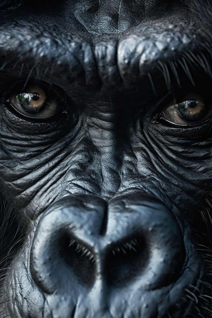 a gorilla's face is shown in this close up photo