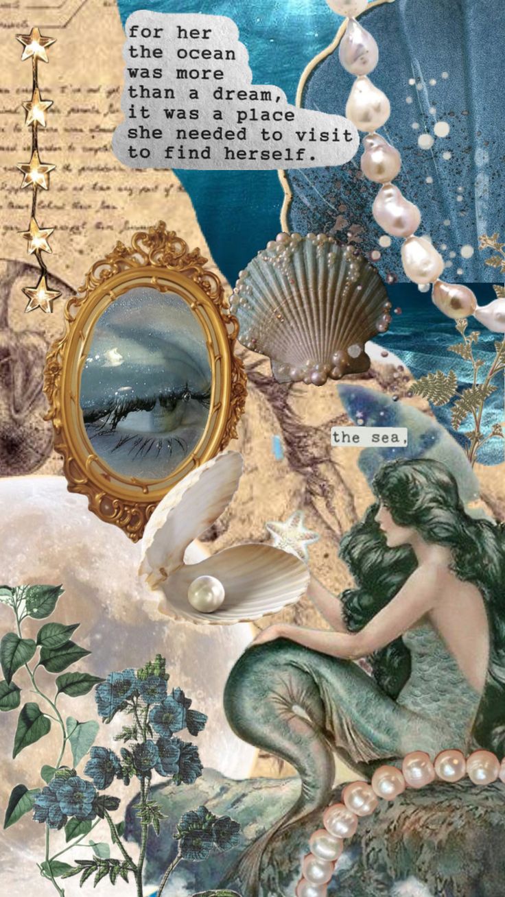 an altered collage with mermaids, pearls and seashells on it's sides