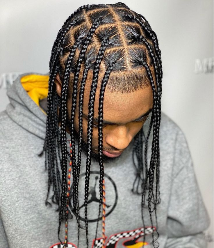 Long Braids On Men, Long Hair Boy Hairstyles, Braids For Boys With Long Hair, Male Braid Styles, Braids For Guys, Guys Hairstyles, Box Braids Knotless, Single Braids Hairstyles, Cornrow Braids Men