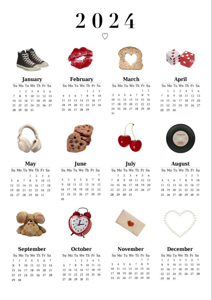 a calendar with different items on it