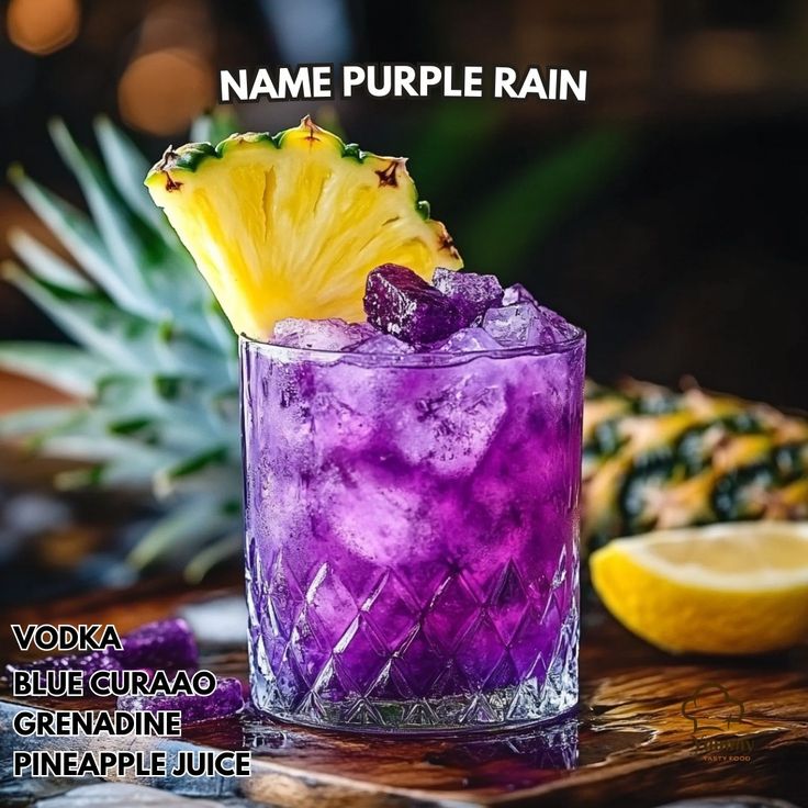 a purple drink with a pineapple on the side