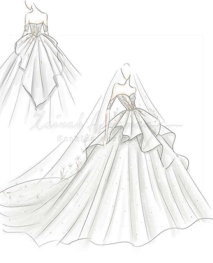 a drawing of a wedding dress with long veil