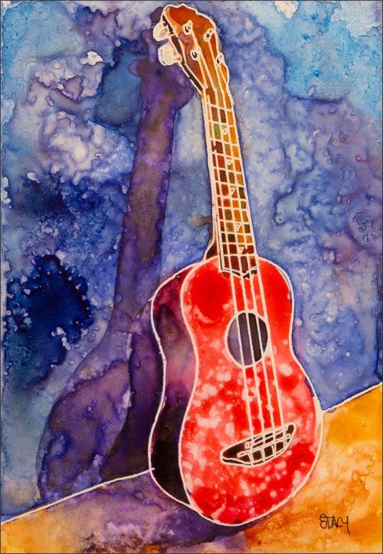 a watercolor painting of a red ukulele sitting on top of a table