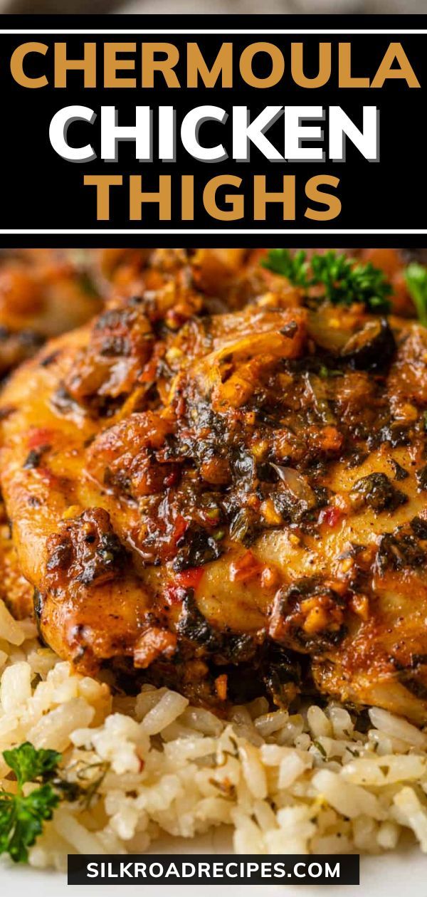 chicken thighs on top of white rice and garnished with parsley