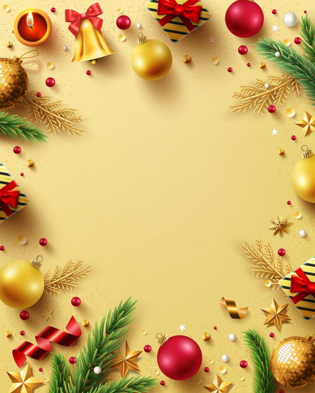 christmas decorations arranged in the shape of a circle on a yellow background with space for text