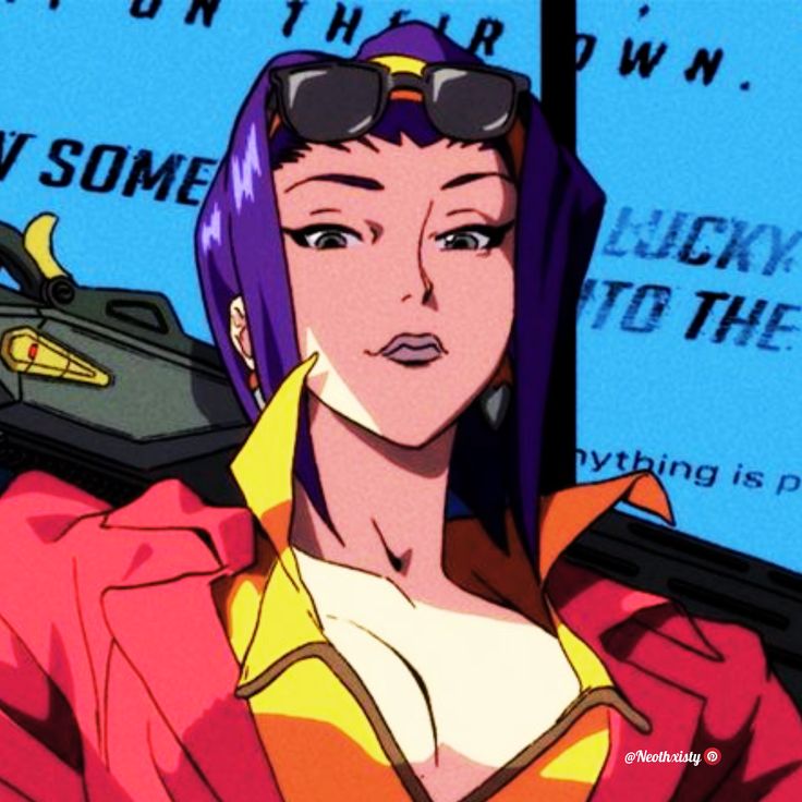 an anime character with purple hair and sunglasses