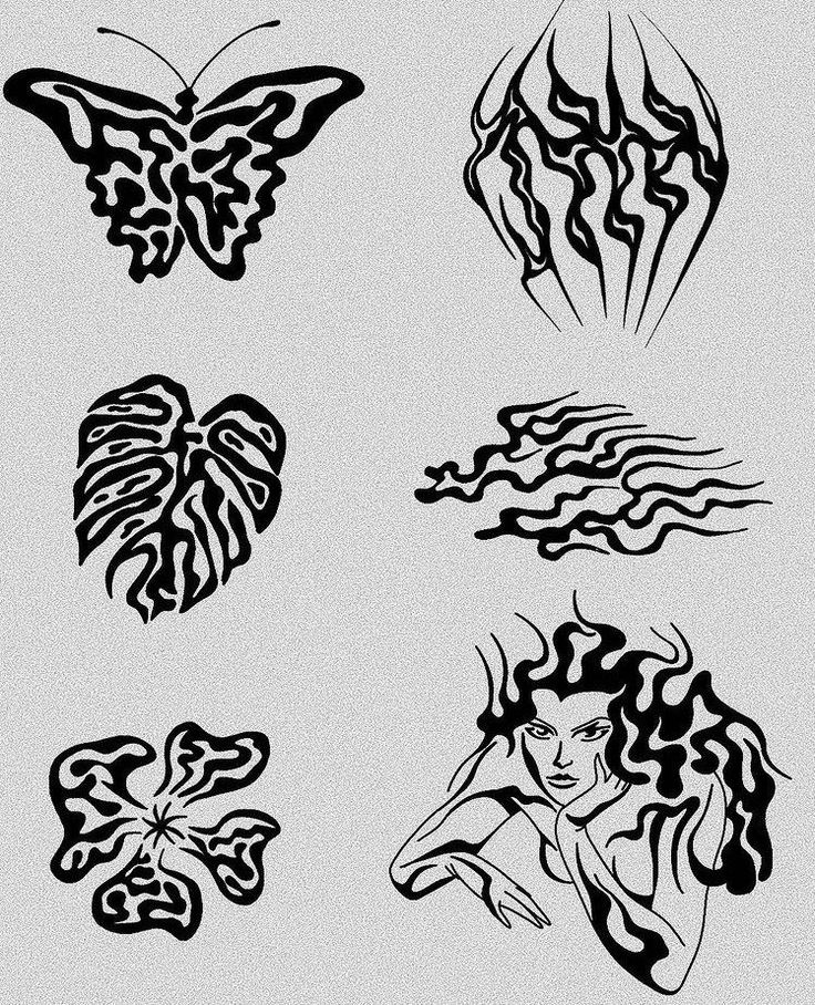 four different types of tattoo designs on a white background, each with black and white ink