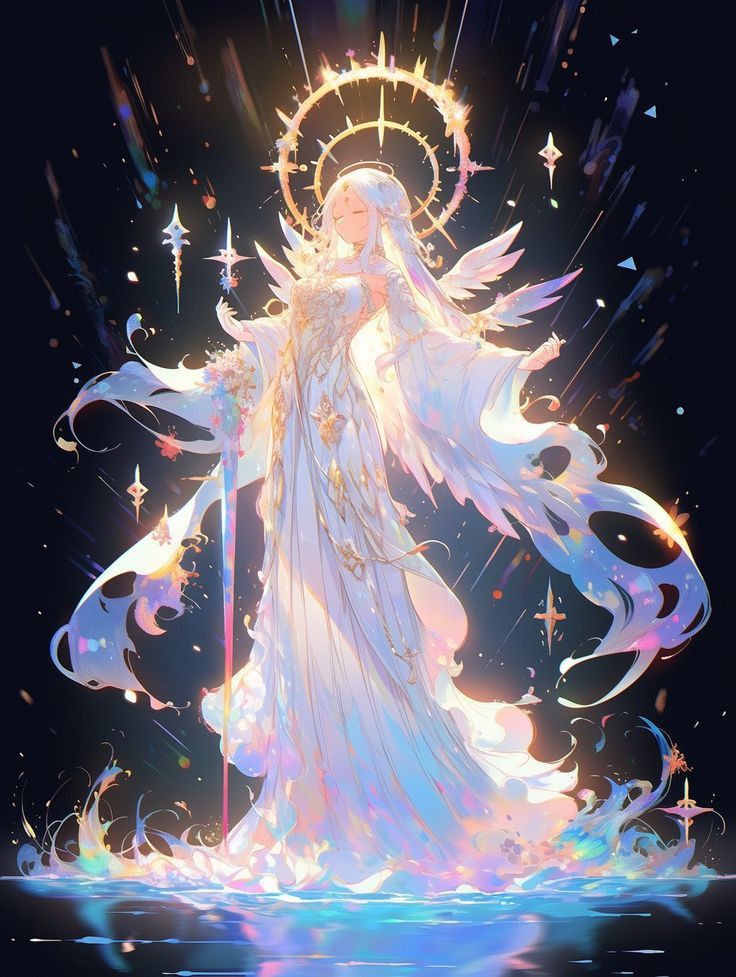 an angel standing in the water surrounded by stars