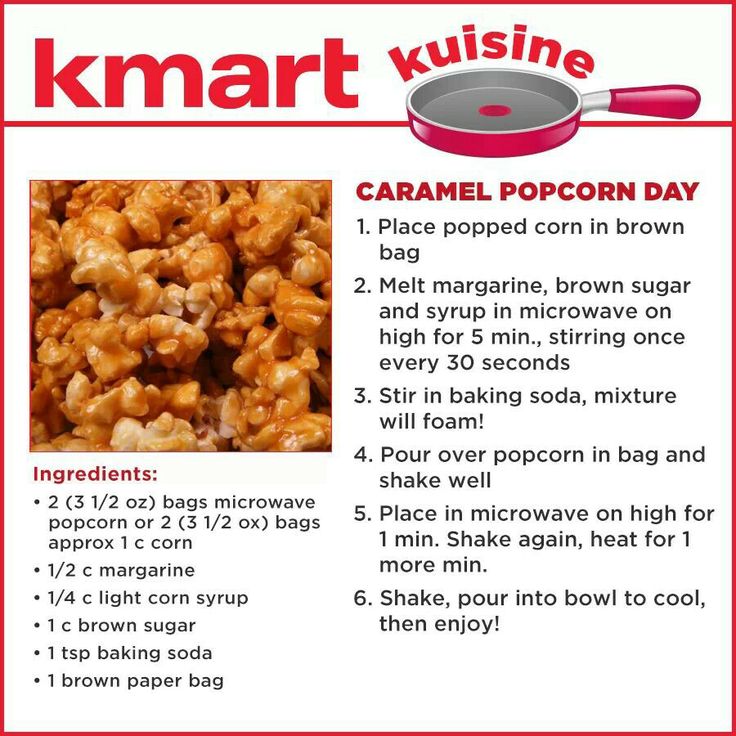 the recipe for caramel popcorn day is shown in red and white, with instructions to make