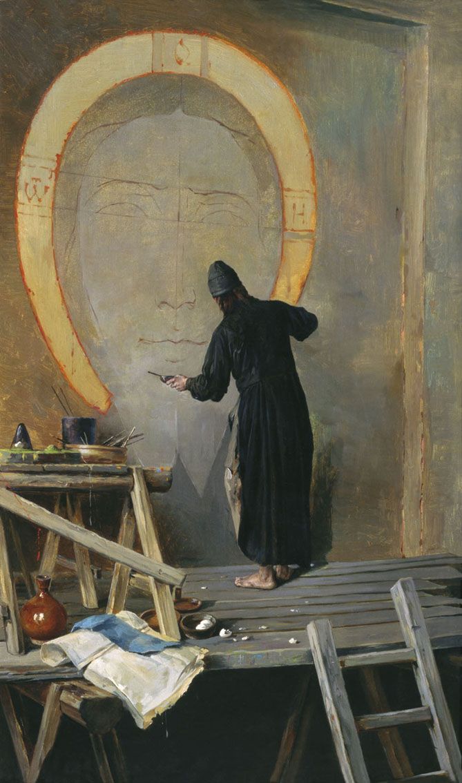 a painting of a person standing in front of a table with an object on it