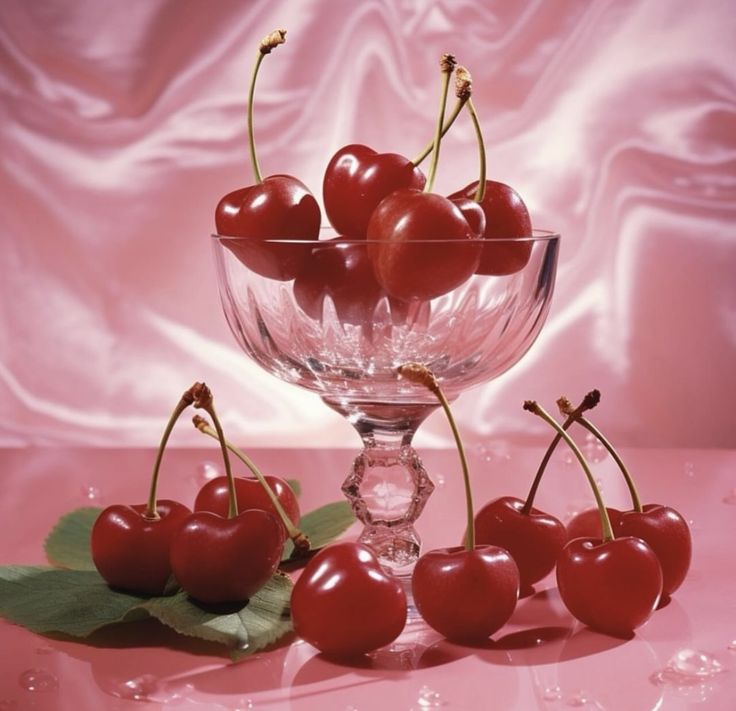 a glass bowl filled with cherries on top of a table