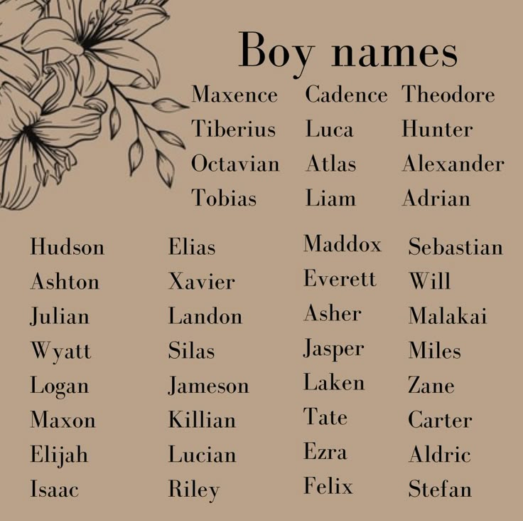 the names of different flowers on a tan background with black and white lettering that says boy names