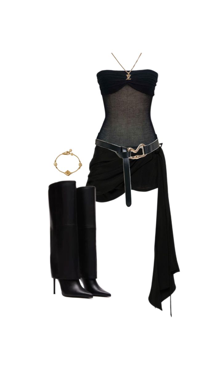 (TikTok @elsfashion) Black boots, party, party outfit, all black, black outfit, gold jewellery, gold jewellery outfit Gold Jewellery Outfit, Black Black Outfit, Jewellery Outfit, Black And Gold Outfit, Boots Party, Black Boots Outfit, Preformance Outfits, Fall Outfit Ideas, Jewellery Gold