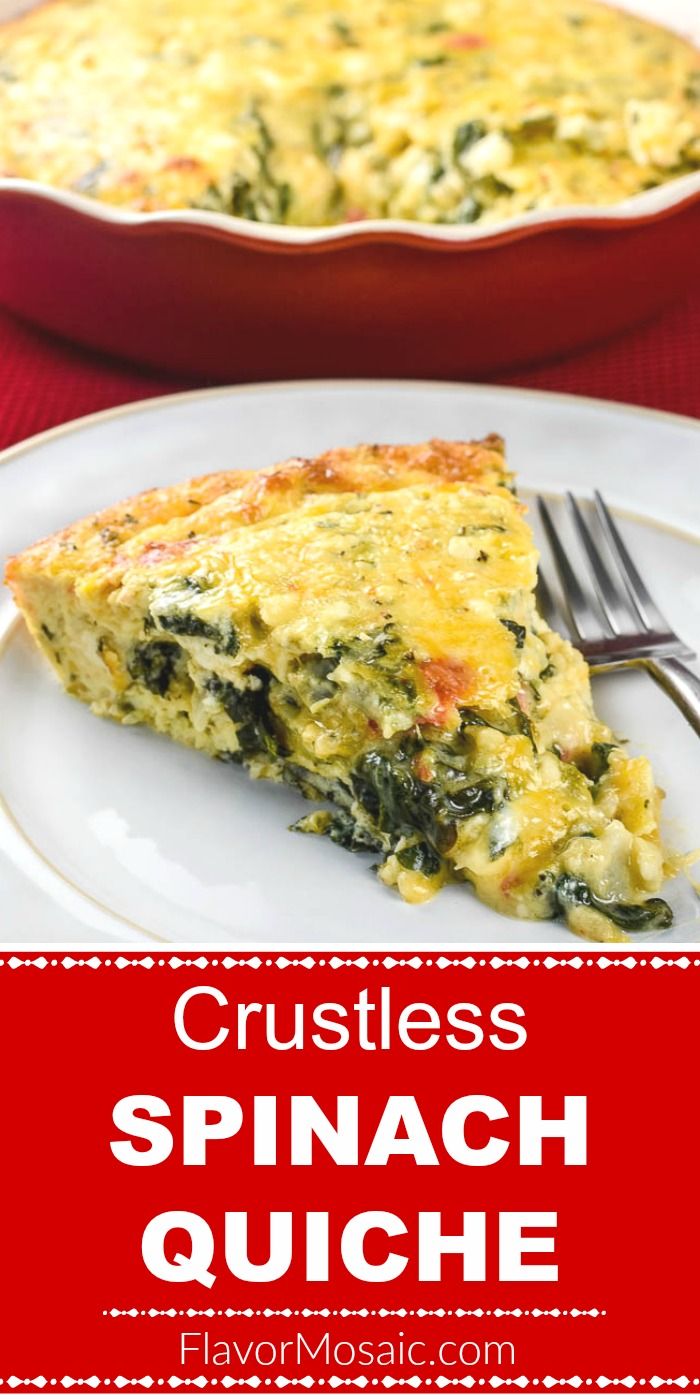 crustless spinach quiche on a white plate with a red and white border