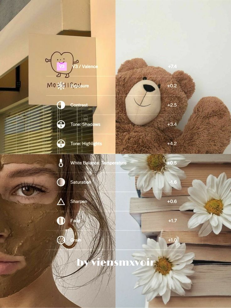 a collage of photos showing different facial masks and teddy bear with flowers in front of them