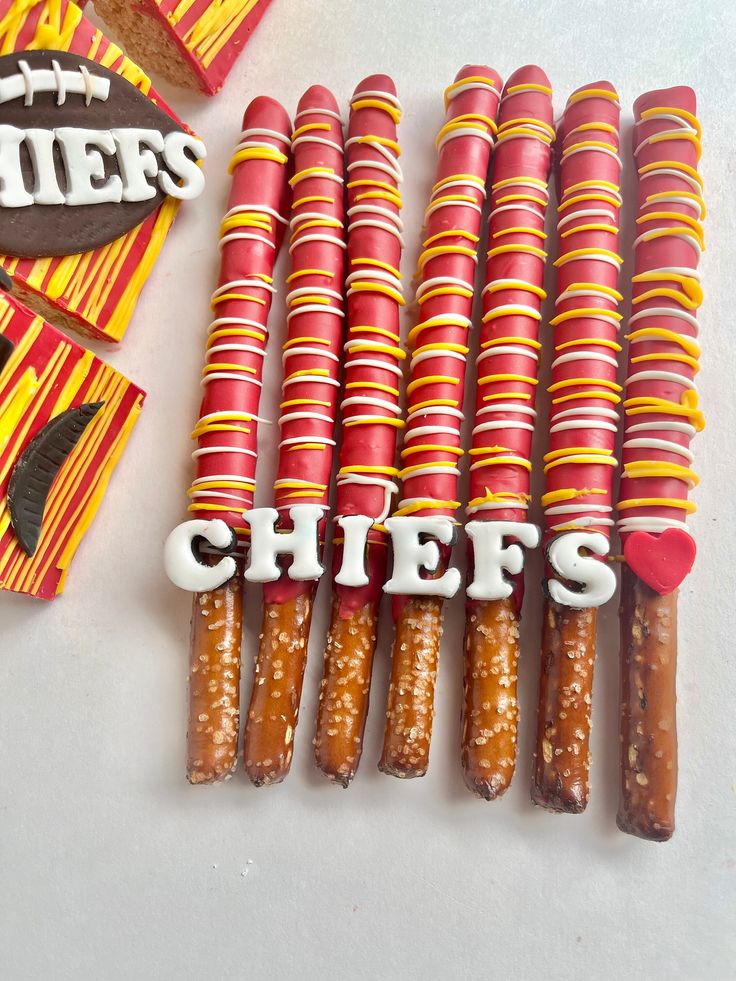 there are many candy sticks with the word chiefs on them