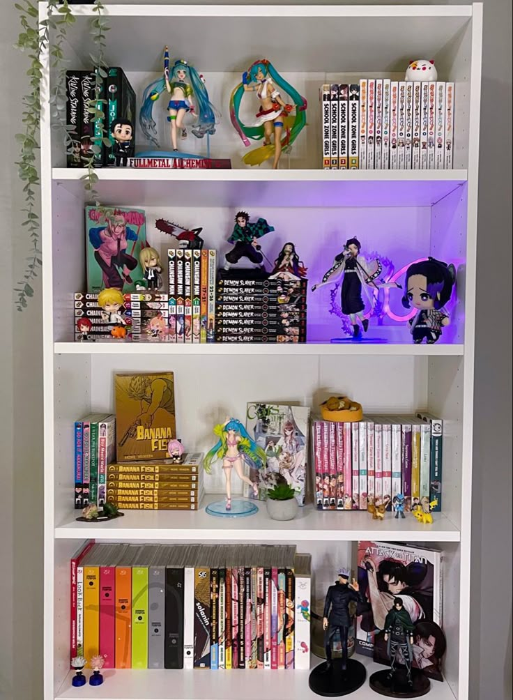 a white book shelf filled with anime figurines