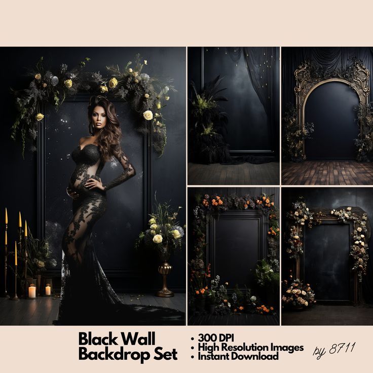 black wall backdrop set with flowers, candles and an arch in the background for photoshopping