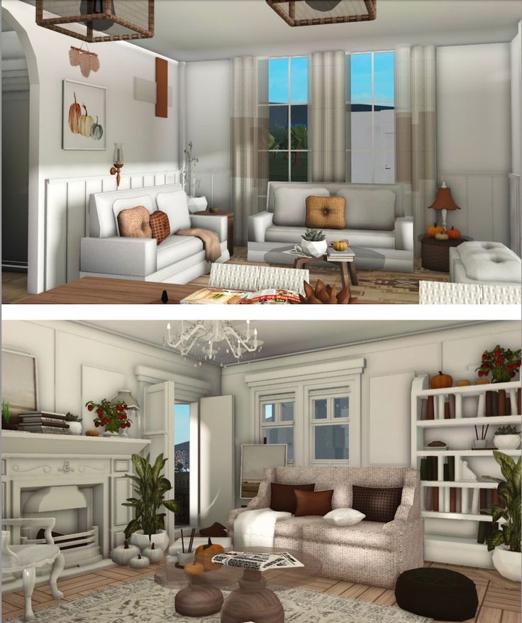 two different views of a living room with white furniture