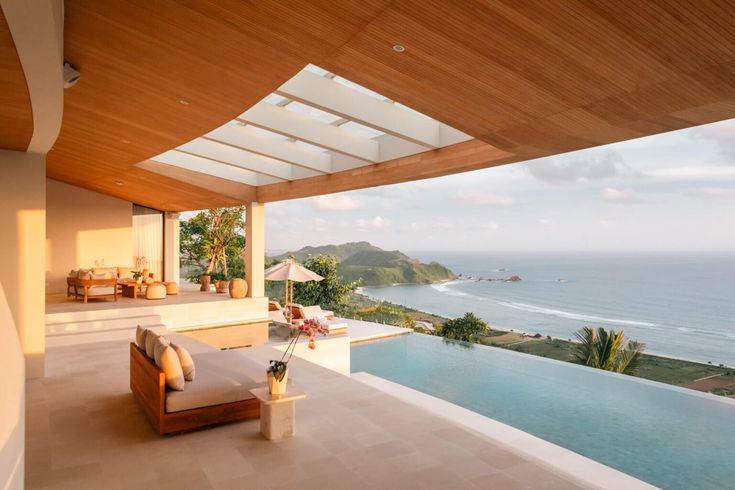 an outdoor living area overlooking the ocean