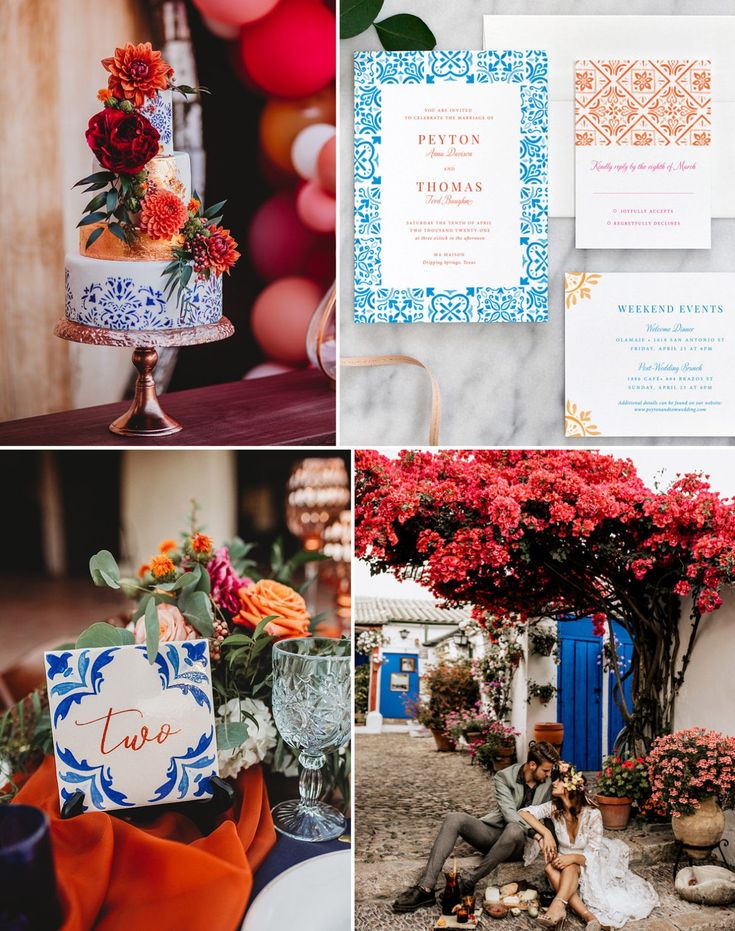 the wedding stationery is decorated with red flowers and greenery as well as colorful cards