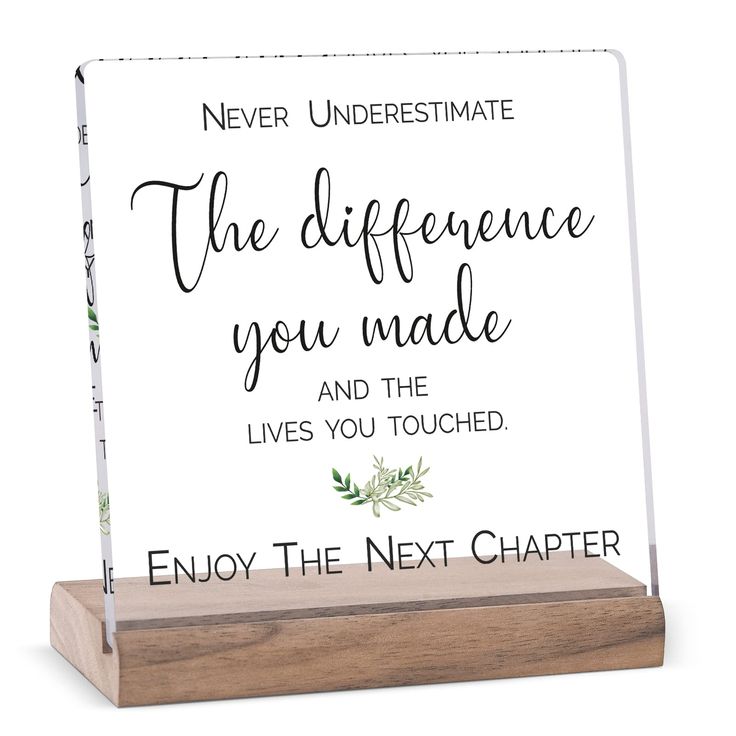 PRICES MAY VARY. "Never underestimate the difference you made and the lives you touched, enjoy your next chapter”, the meaningful message is printed on an elegant transparent acrylic plaque, and comes with a smooth and sturdy wooden stand. 4"x4" Square acrylic board, L4"x W1.6" Wooden Stand. 『HEARTFELT GIFT』It's a heartfelt farewell gift for boss going away, a coworker leaving or retirement, even as a new job gift, promotion gift. Always remind them of the difference they made, they are so impor Retirement Sayings For Coworkers, Farewell Gifts For Friend, Gifts For Coworkers Leaving, Retirement Party Ideas Decorations, Retirement Gifts For Boss, Gift For Boss Leaving, Farewell Gift For Boss, Farewell Gifts For Friends, Farewell Party Decorations