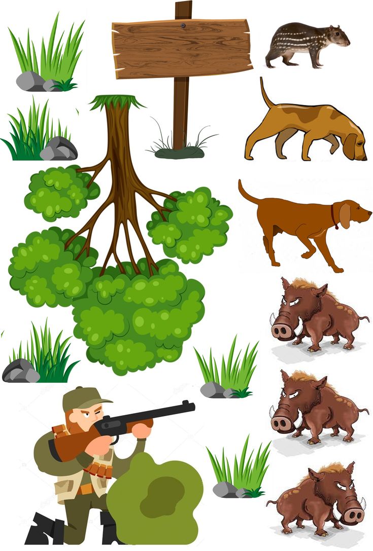 an image of wild animals in the forest with signposts and trees - animals characters