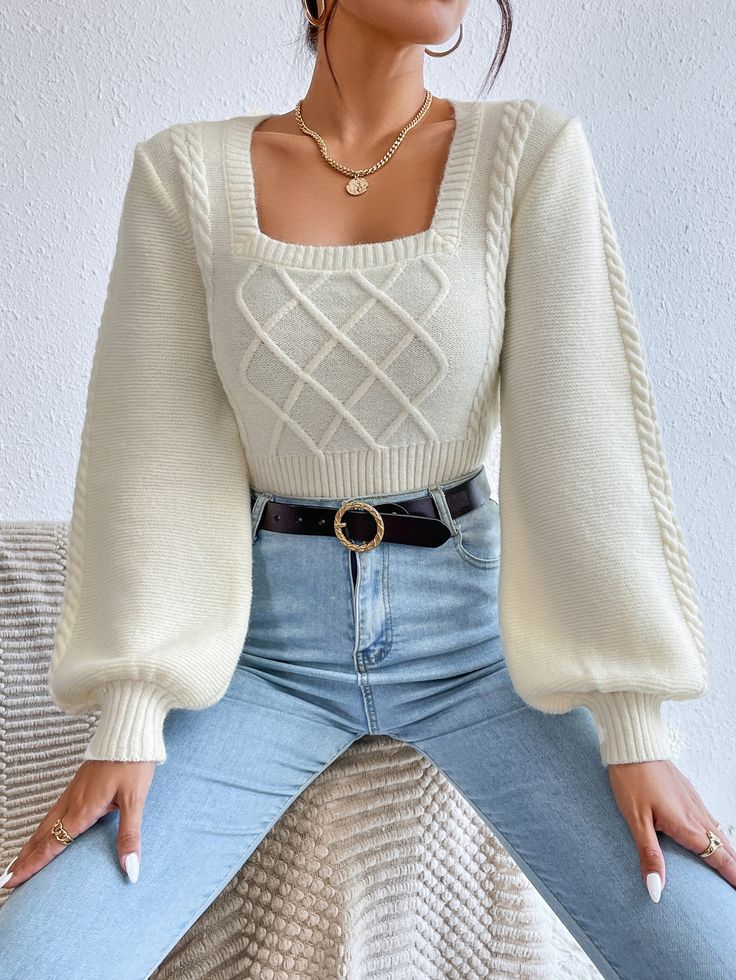 Apricot Casual Collar Long Sleeve Acrylic Plain Pullovers Embellished Slight Stretch  Women Knitwear Vinter Mode Outfits, Lantern Sleeve Sweater, 가을 패션, Mode Inspiration, Winter Fashion Outfits, Outfits Casuales, Cute Casual Outfits, Classy Outfits, Autumn Winter Fashion