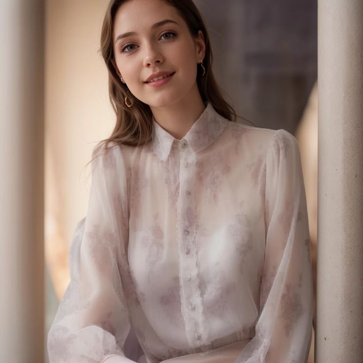 Olivia Mark - Lace Trimmed Chiffon Blouse in Elegant Light Purple Floral Print Purple Floral Print, Bubble Sleeve, Chiffon Blouse, Floral Shirt, Purple Floral, Lapel Collar, Light Purple, Types Of Collars, Spring Fashion