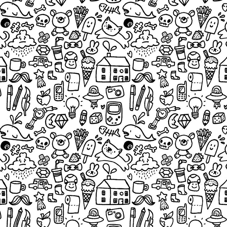 a black and white pattern with many different things