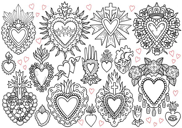 a drawing of many hearts and flowers