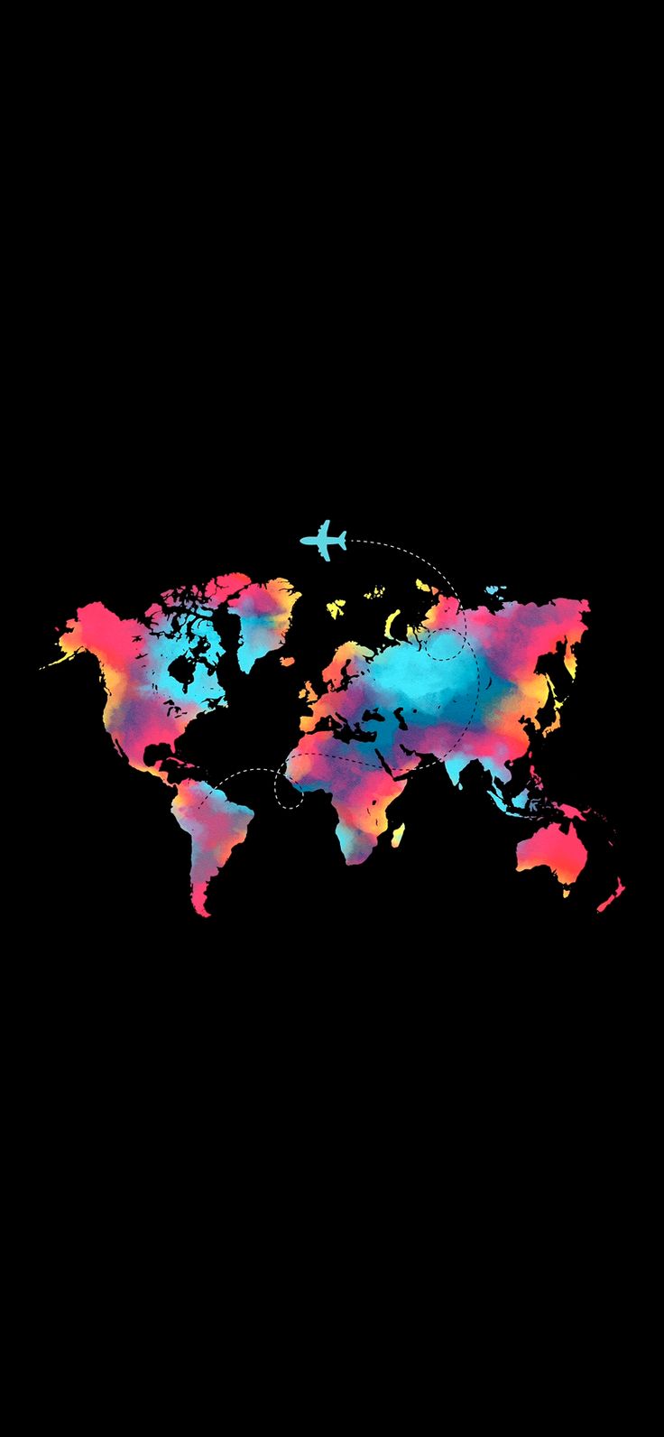 an airplane flying over the top of a world map in pink and blue on a black background