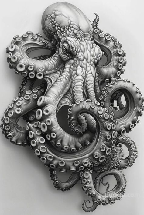 an intricately detailed drawing of an octopus with its tentacles curled up to the side