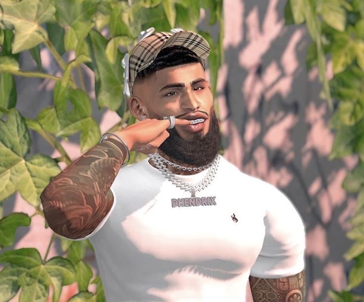 a man with a beard and tattoos brushing his teeth in front of some trees,