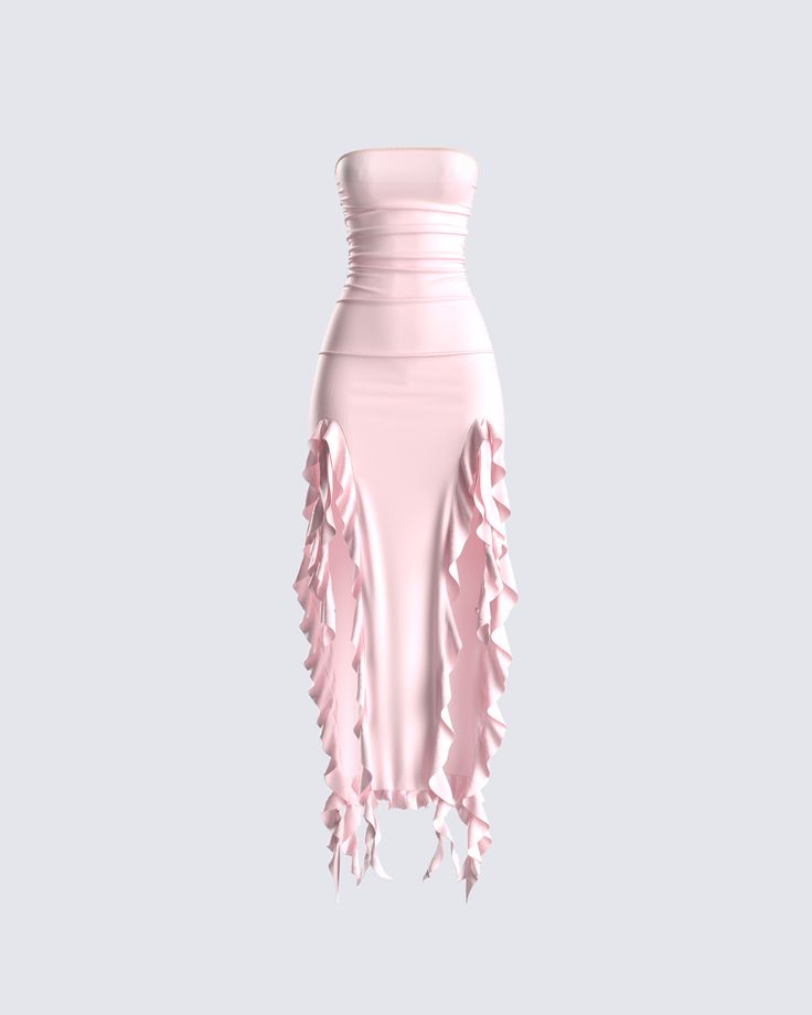 Pure beauty... that's what this dress is 😌 Constructed from jersey, this pink strapless midi is complete with a ruffled edge front slit, and hem that creates an elegant and eye-catching look 💕 Choker sold separately White Corset Dress, Strapless Ruffle Dress, Pink Ruffle, Glam Dresses, Hoco Dresses, Looks Vintage, White Mini Dress, Ruffle Dress, Classy Outfits