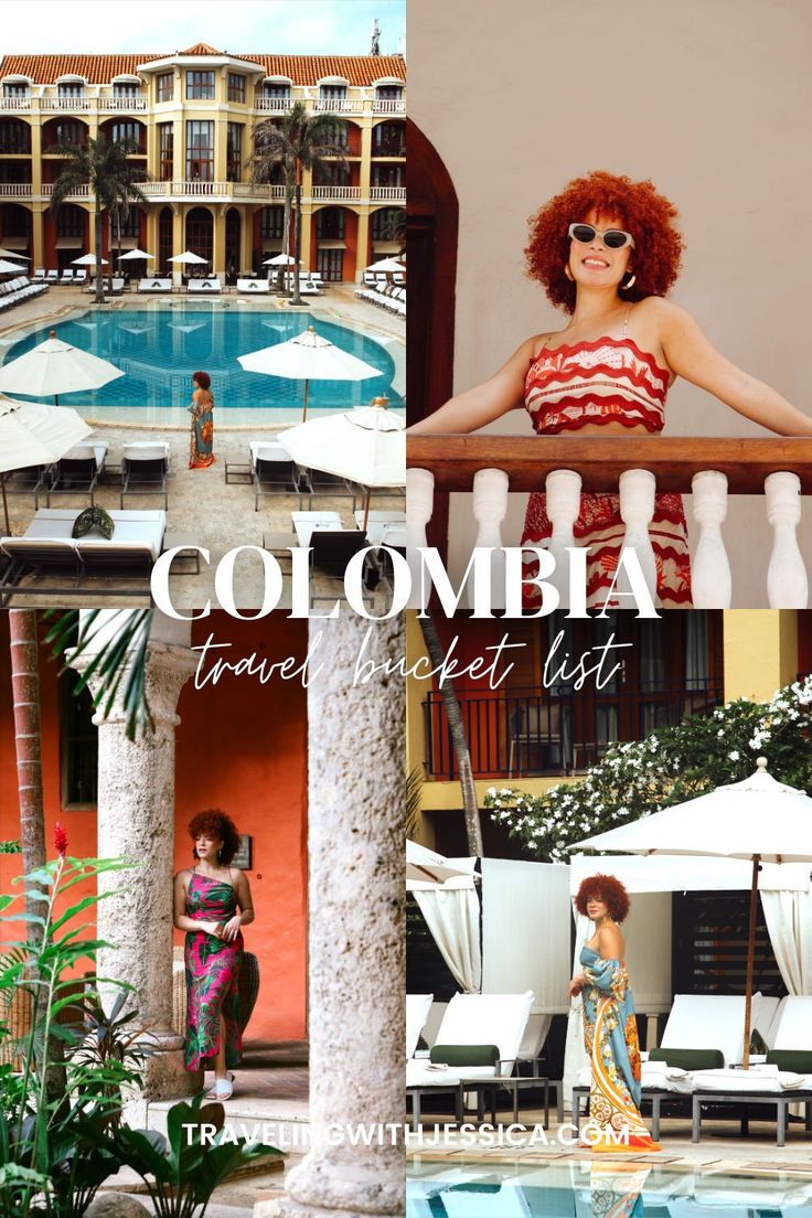 a woman standing on top of a balcony next to a swimming pool and palm trees