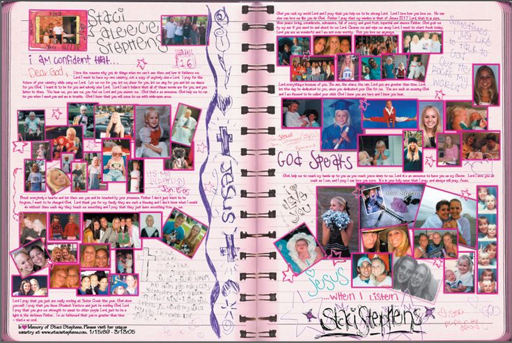 an open notebook with many pictures and writing on the pages, including people's names