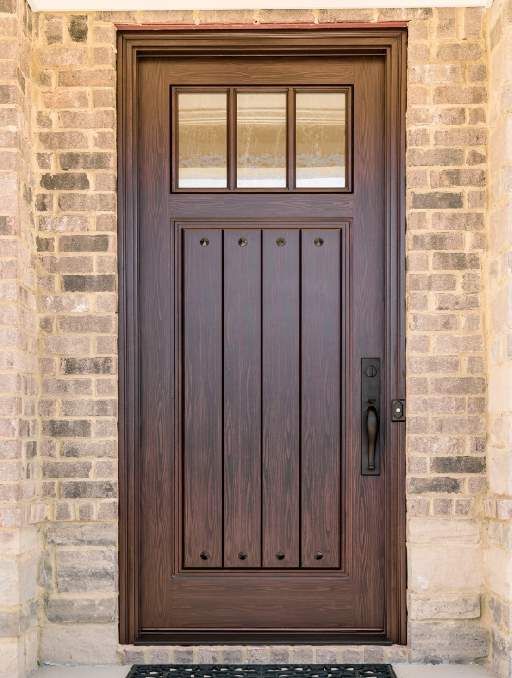 Herringbone Barn Door, Interior Glass Door, Craftsman Front Door, Craftsman Front Doors, Wood Front Entry Doors, Craftsman Style Doors, Front Entry Door, Front Door Lighting, Glass Door Design