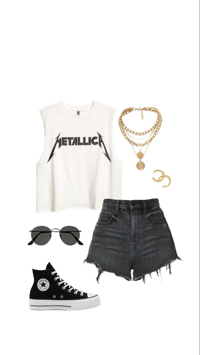 Comfy Rock Concert Outfit, Sleeveless Band Tee, Metallica Tshirt Outfits, Metallica Shirt Outfit Women, Summer Metal Concert Outfit, Metallica T Shirt Outfit, Metallica Concert Outfit Ideas, Metallica Outfit Women, Band Tee Outfits Summer