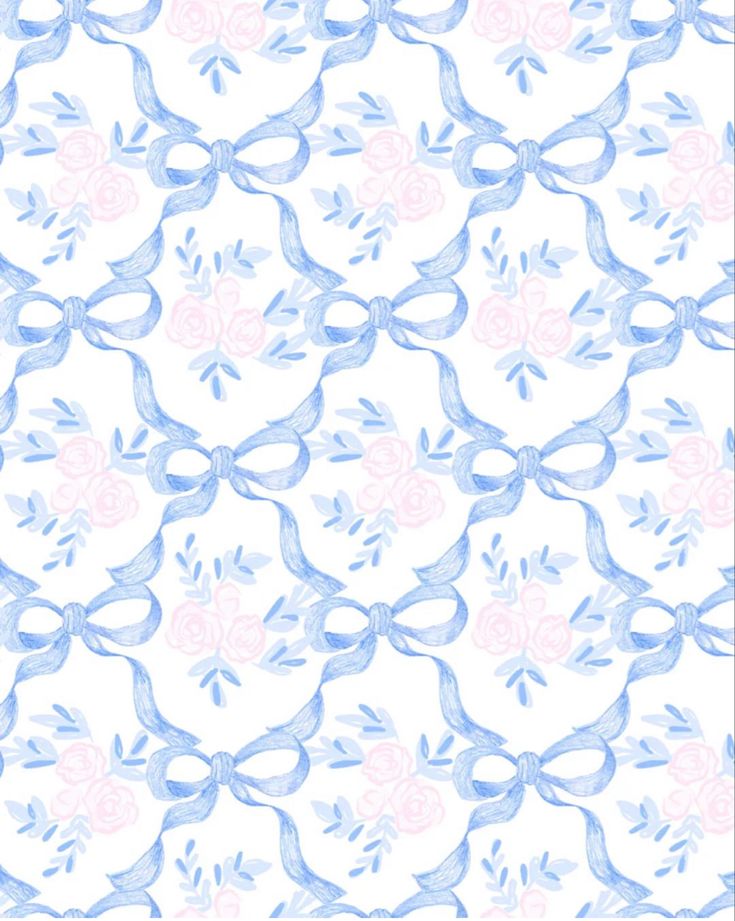 a blue and pink flower pattern on a white background with watercolor effect in the middle