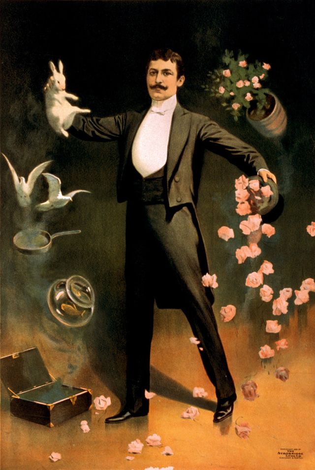 a painting of a man in a tuxedo holding a rabbit