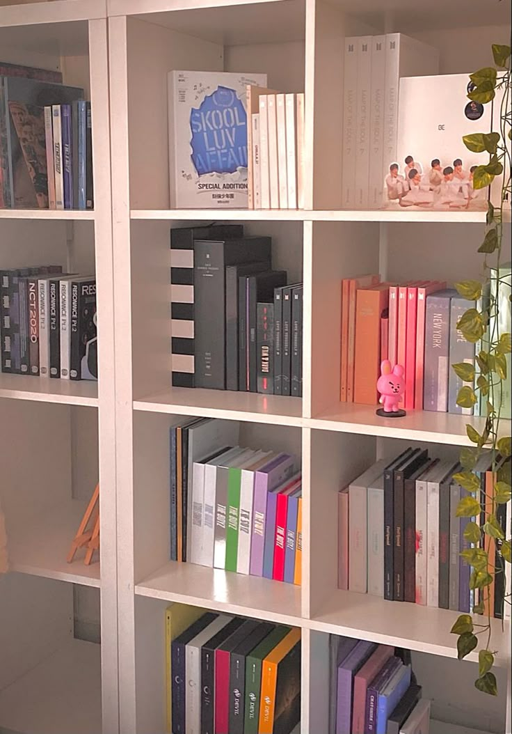 a bookshelf filled with lots of different colored books next to a potted plant