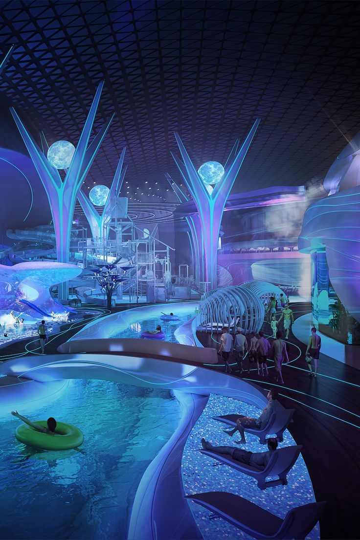 an artistic rendering of a futuristic city with water features and people in the swimming pool