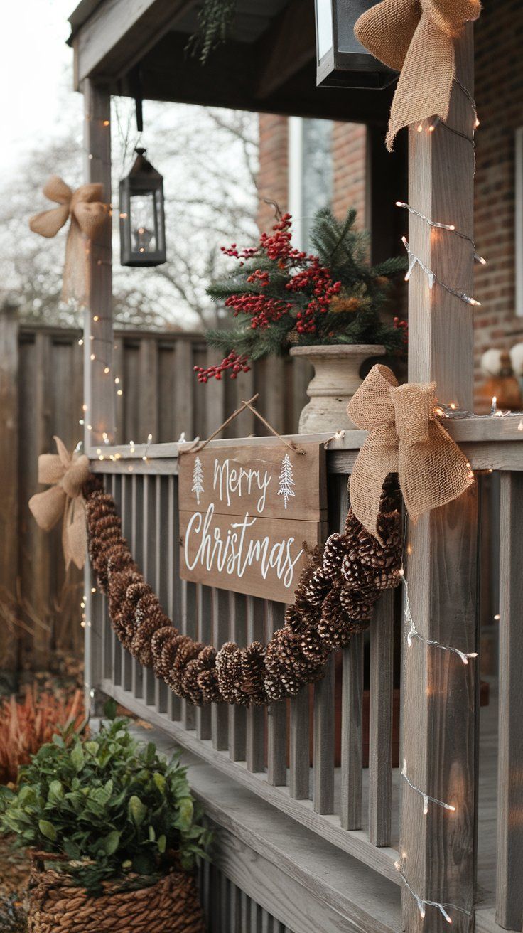 a porch decorated for christmas with pine cones and lights